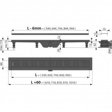 Alcadrain dušo latakas su grotelėmis 850mm APZ10BLACK 2