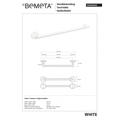 Bemeta rankšluosčių laikiklis 600mm White 2