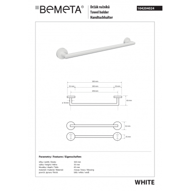 Bemeta rankšluosčių laikiklis 450mm White 2