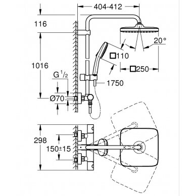 Grohe dušo komplektas su termostatiniu maišytuvu Tempesta System 250 Cube 3