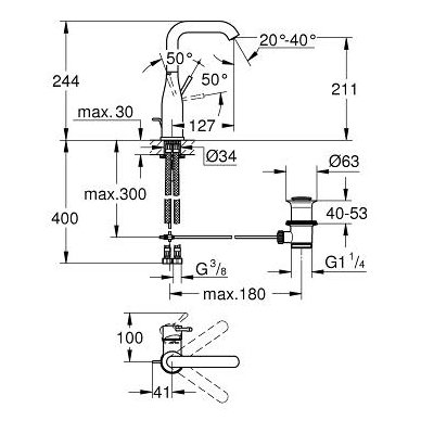 Grohe paaukštintas maišytuvas praustuvui su dugno vožtuvu ESSENCE NEW 2