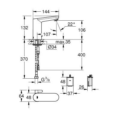 Grohe sensorinis maišytuvas praustuvui su temperatūros reguliavimo rankenėle, 230V Eurosmart Cosmopolitan 2