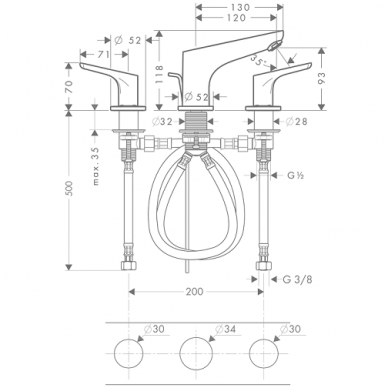 Hansgrohe 3 dalių maišytuvas praustuvui su ventiliu Focus 100 31937000 2