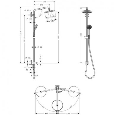 Hansgrohe dušo komplektas Croma 220 Air 1jet Showerpipe Reno 27224000 2