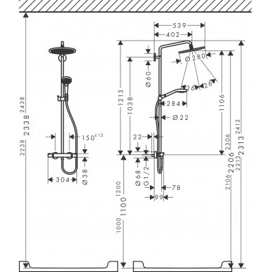 Hansgrohe dušo komplektas su termostatiniu maišytuvu Croma Select S 280 1jet 2