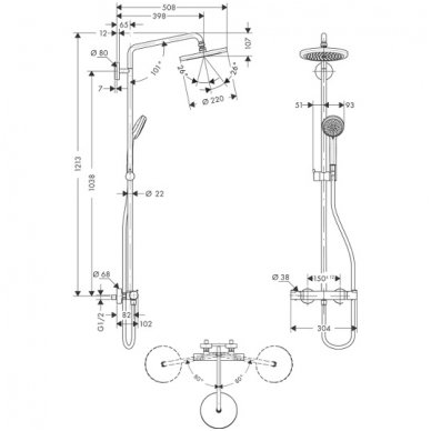 Hansgrohe dušo komplektas su termostatiniu maišytuvu Croma 220 Air 1jet Showerpipe 27185000 2