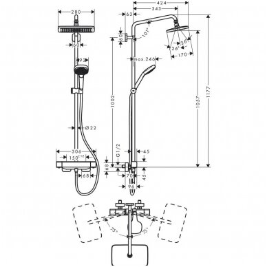 Hansgrohe dušo komplektas su termostatiniu maišytuvu Croma E Showerpipe 280 1jet 2