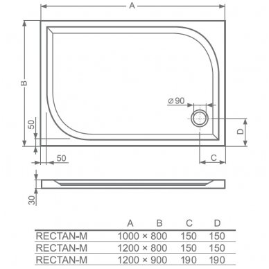 Roth stačiakampis dušo padėklas Rectan-M 1000x800 3